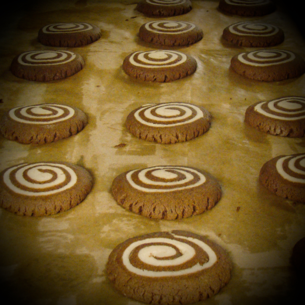 Thick round cookies, each in a brown and white spiral pattern.