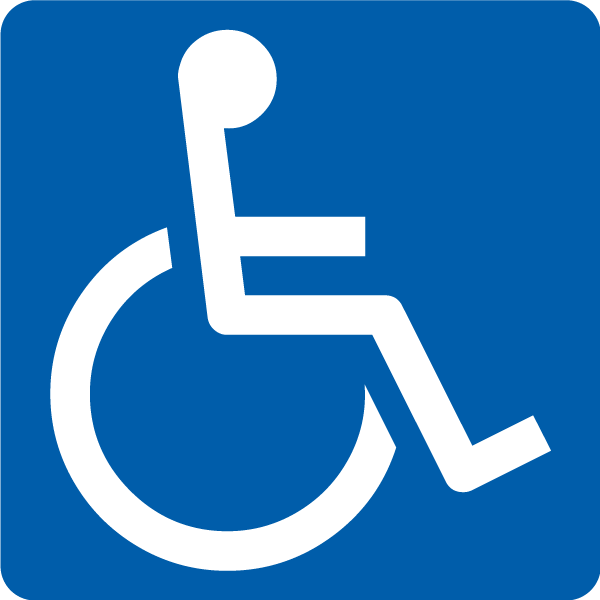 The International Symbol of Access. A abstract white outline of a person sitting in a wheelchair over a field of blue.
